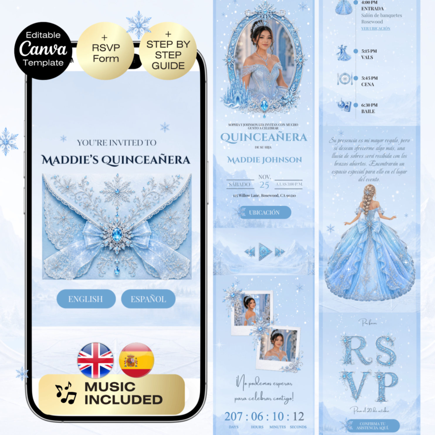 Quinceañera Frozen Invitation with RSVP | Winter Sweet 16 Website Trackable RSVP & Countdown | Snow queen blue silver English Spanish