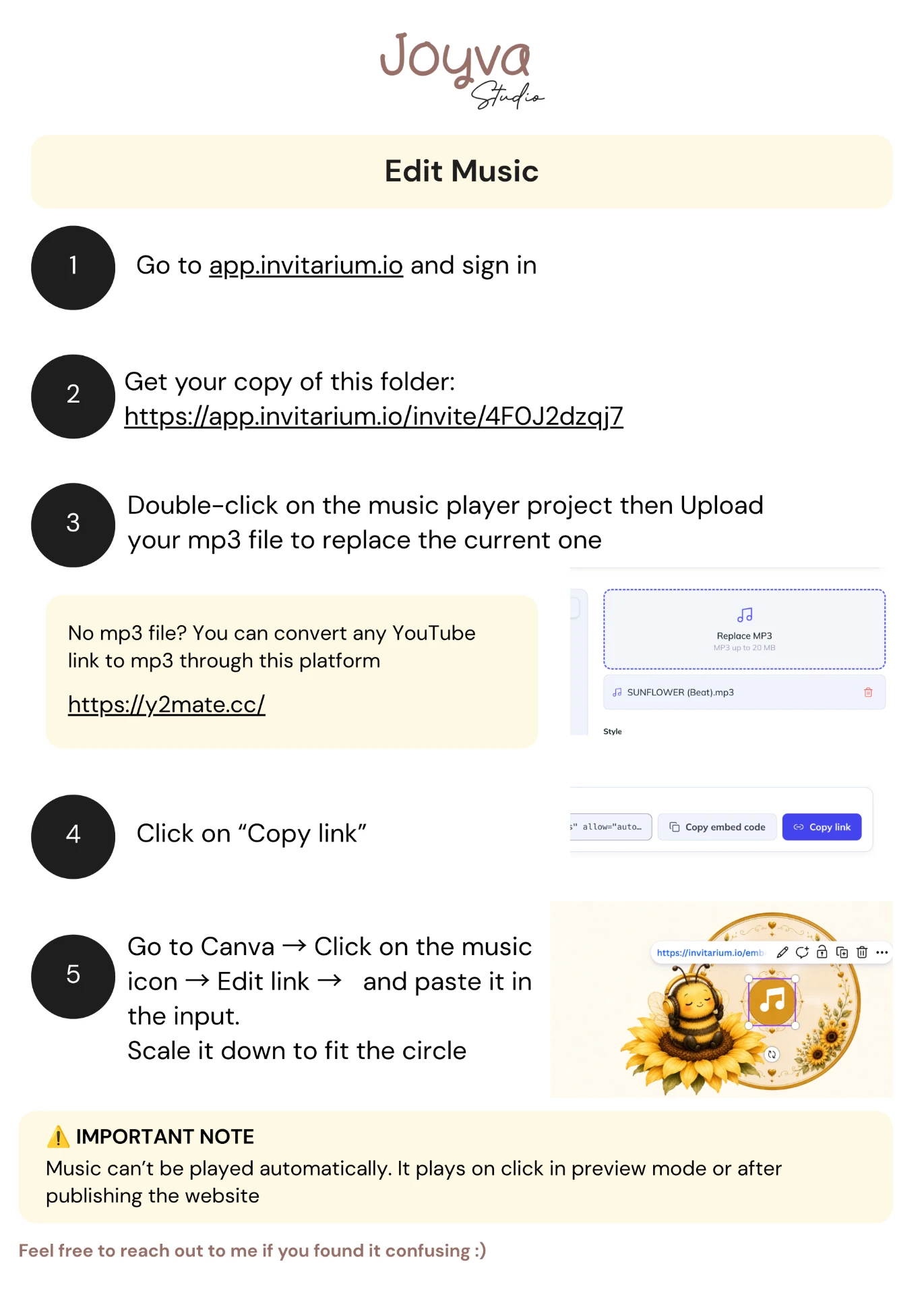 Visual instructions for replacing MP3 music using Invitarium and Canva