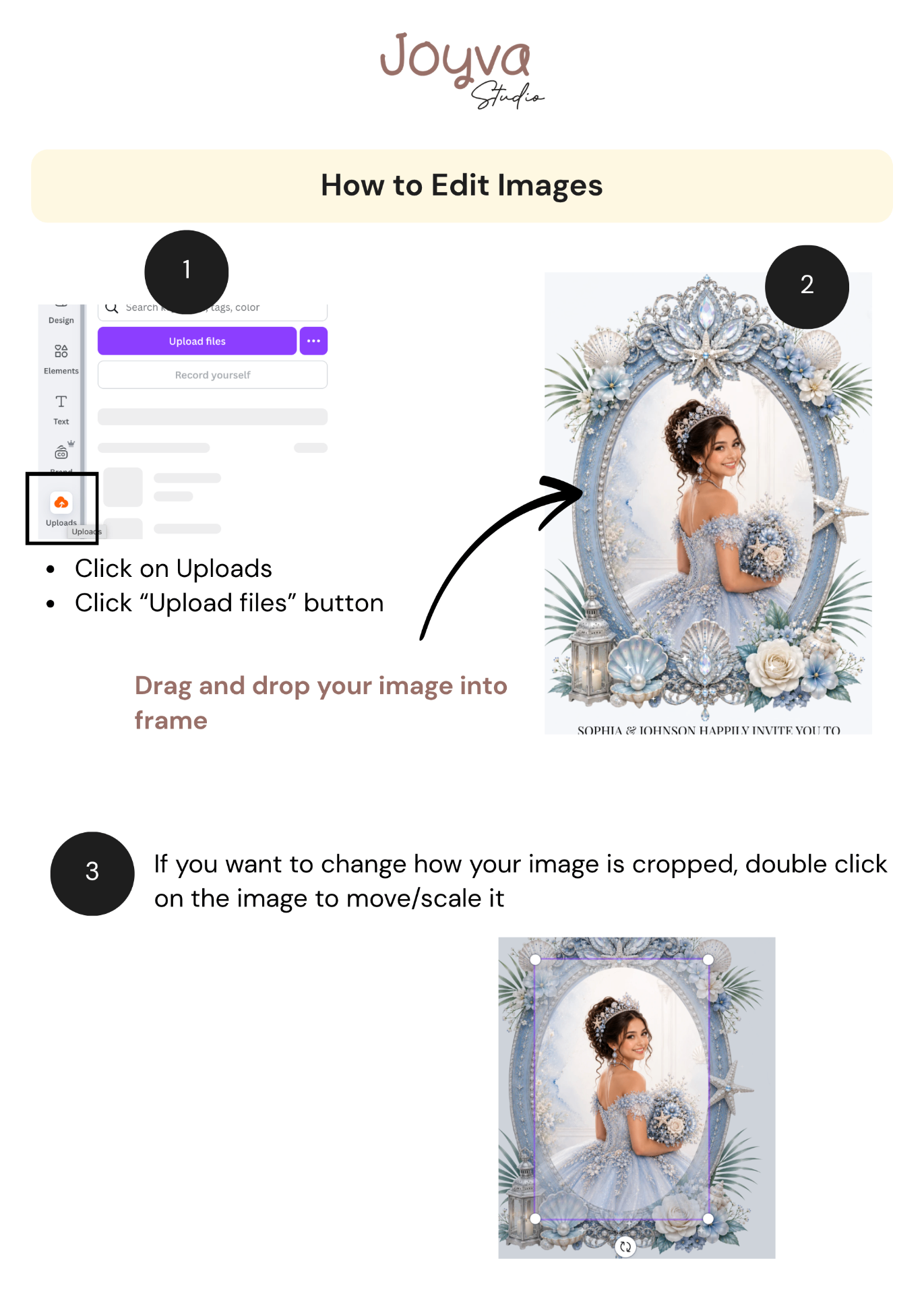 Visual Canva instructions for uploading and replacing a photo in an invitation template