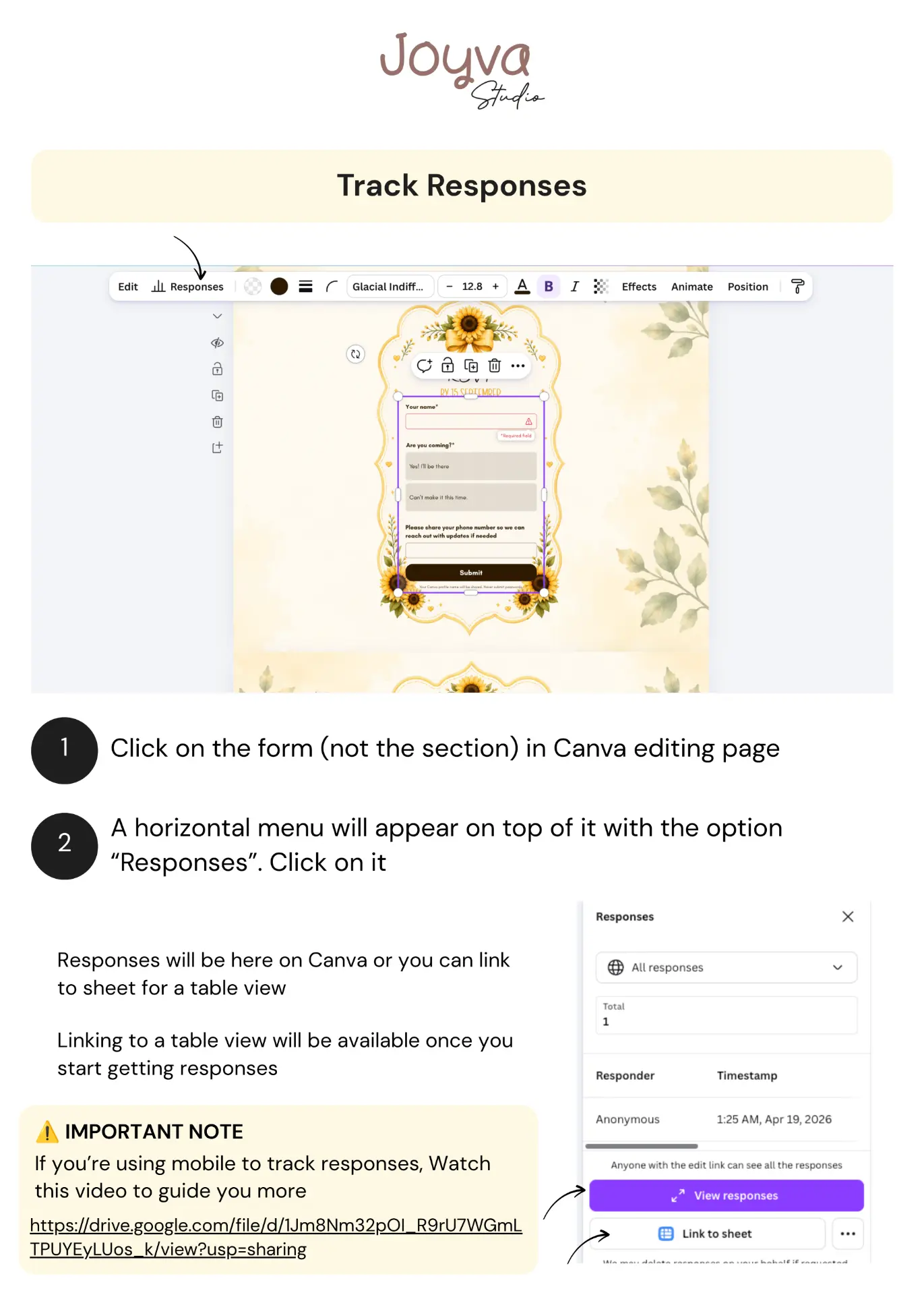 Visual instructions for tracking Canva form RSVP responses and linking them to a sheet