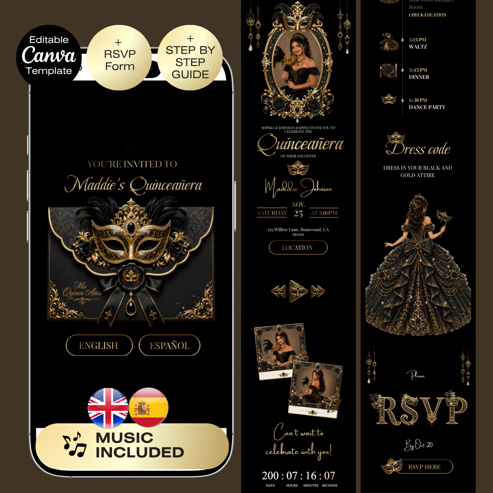 Quinceañera Masquerade Invitation with RSVP | Masquerade Birthday Website Editable Trackable RSVP | Black Gold Quince English Spanish
