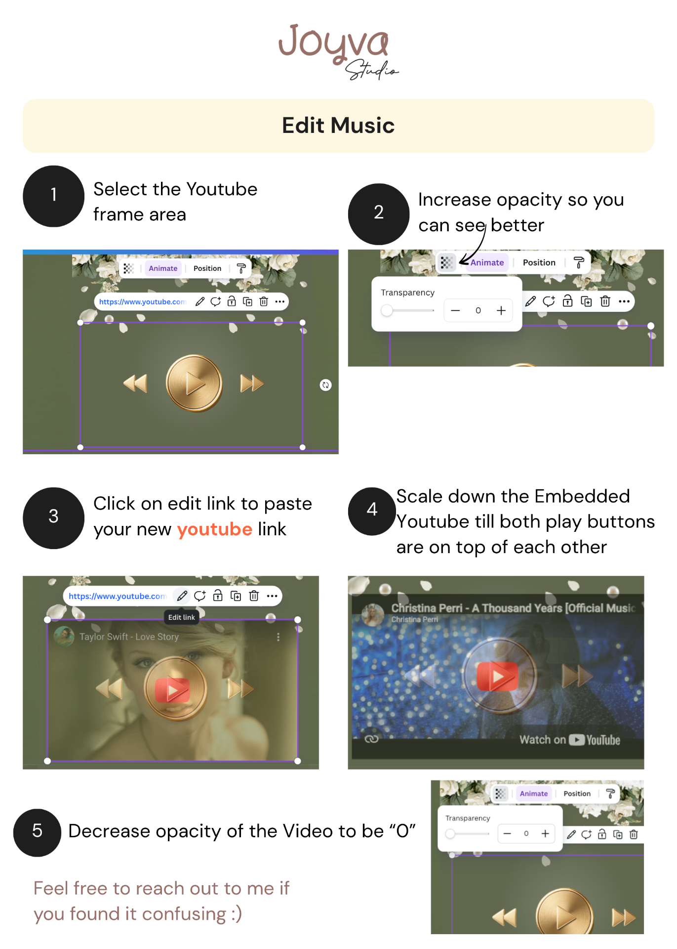 Visual instructions for replacing an embedded YouTube music link in Canva