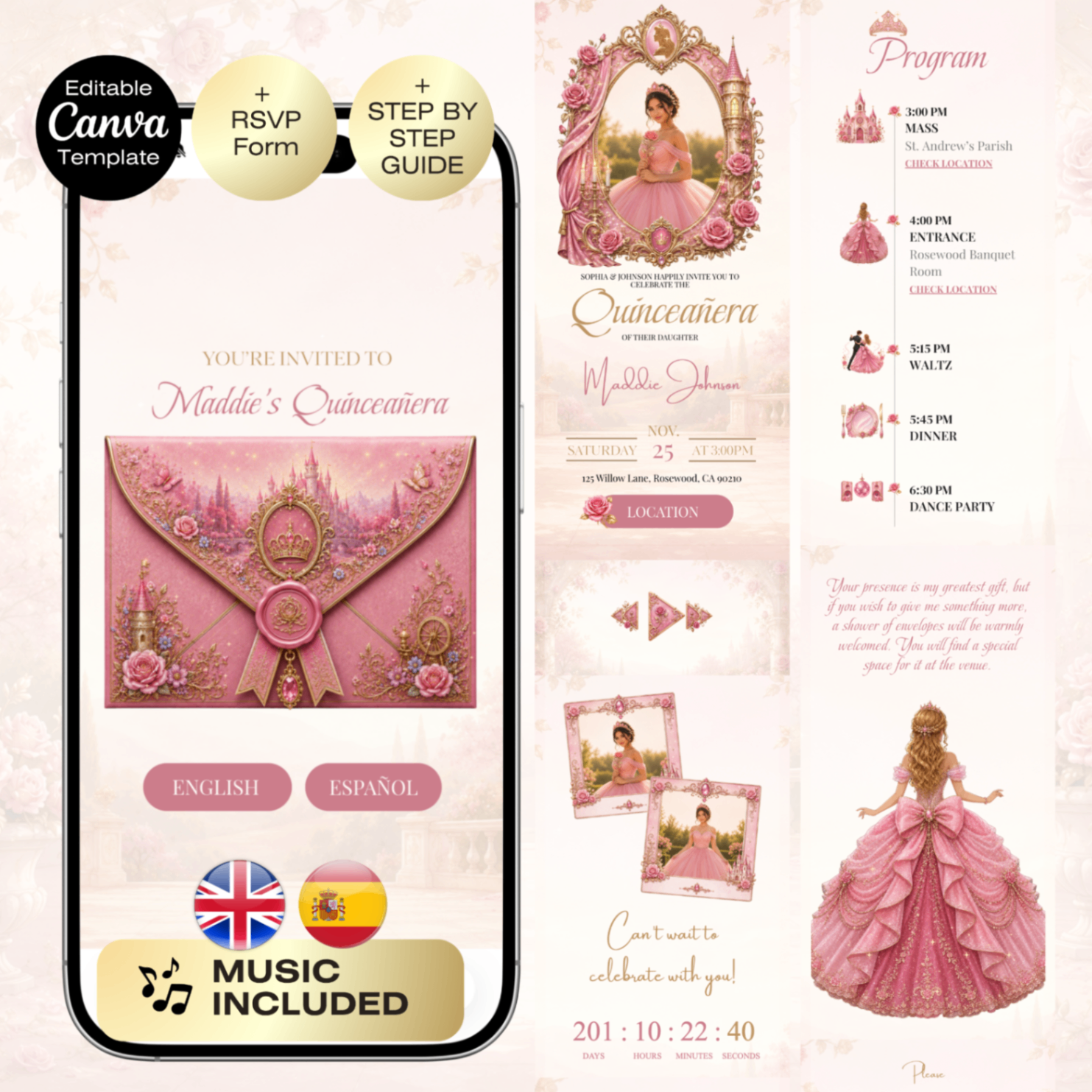 Quinceañera Invitation Sleeping Beauty with RSVP | Pink Rose Sweet 16 Website RSVP & Countdown | Aurora Fairytale Mis Quince English Spanish