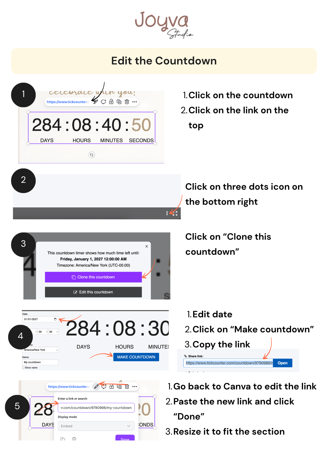 Visual instructions for changing a countdown timer in a Canva website invitation