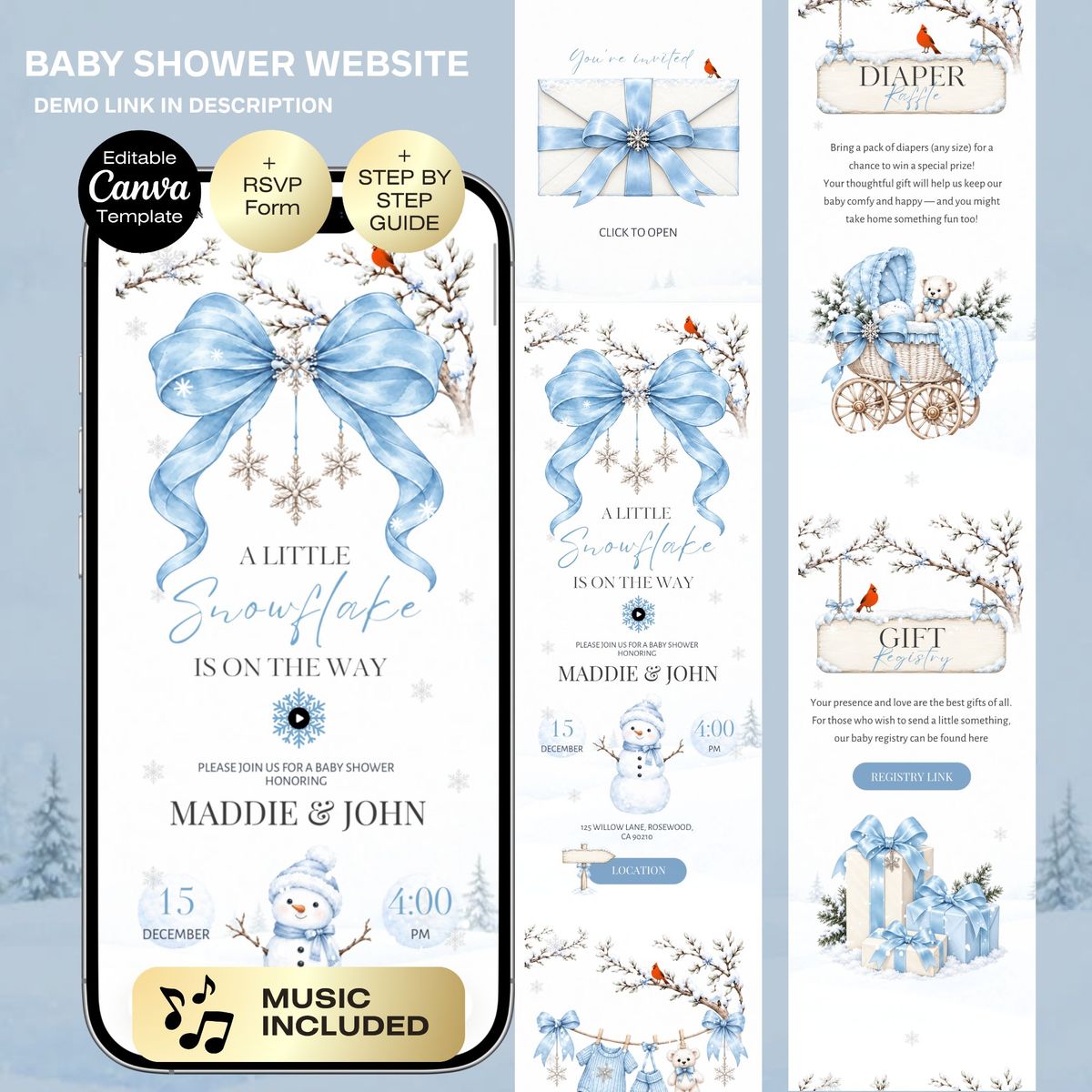 A Little Snowflake boy Baby Shower Invitation Website with RSVP | Winter Blue |  Baby it's cold outside Baby Shower | Christmas baby shower