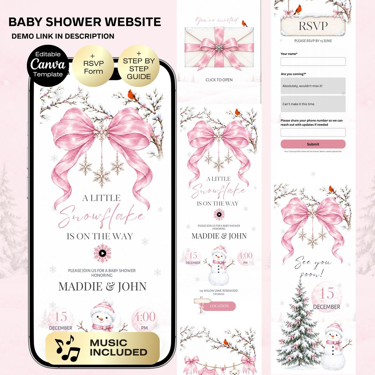 A Little Snowflake Girl Baby Shower Invitation Website with RSVP | Winter Girl Baby it's cold outside Baby Shower | Pink Christmas baby