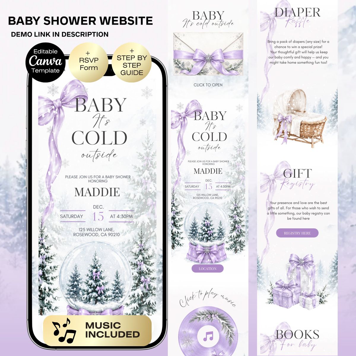 Baby it's cold outside Baby Shower Invitation Website with RSVP | Winter Purple A Little Snowflake Girl Baby Shower | Christmas baby shower