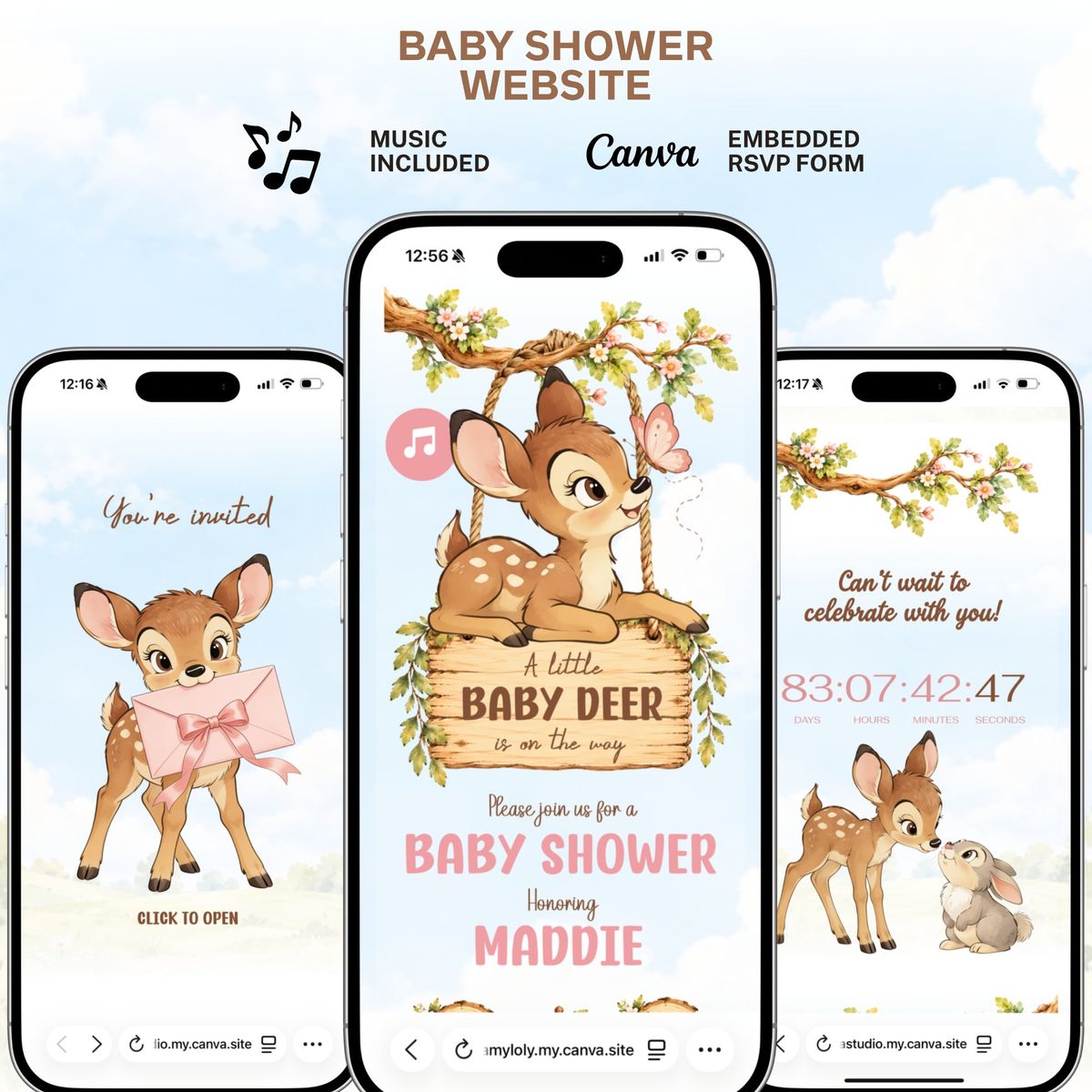 Bambi Baby Shower Website Invitation | Pink Woodland Girl Canva Template | Baby Deer Is on the Way | Editable RSVP, Music & Countdown Invite
