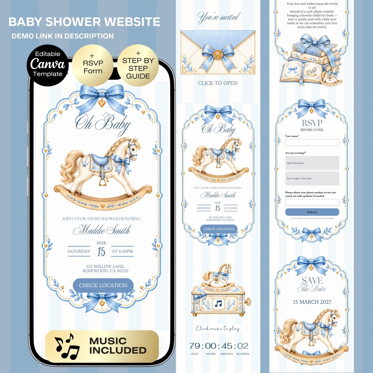 Blue Rocking Horse Baby Shower Website Invitation | Boy Carousel Baby Shower Invite | Editable Canva Template with RSVP, Music & Countdown
