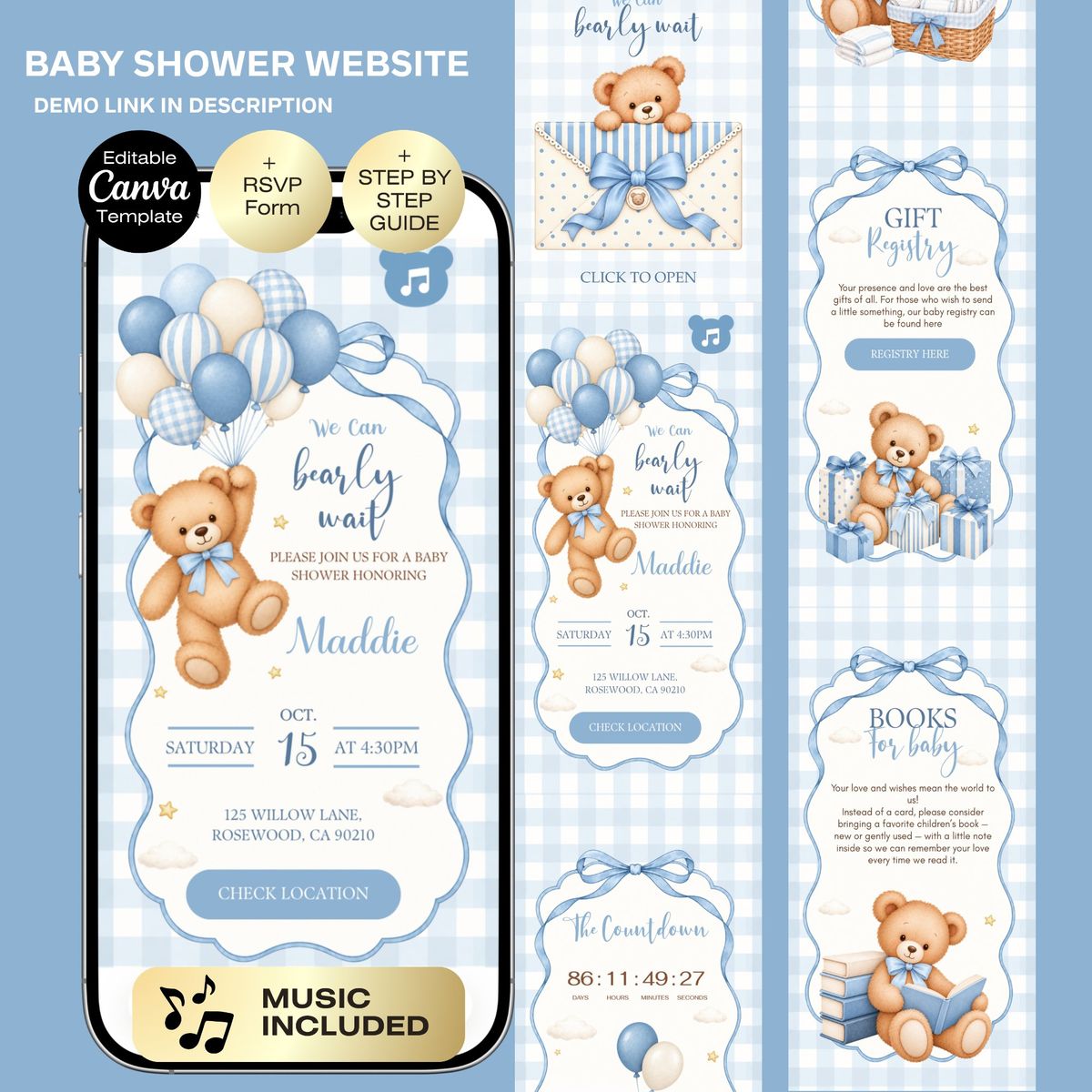 Blue We Can Bearly Wait Baby Shower Website Invitation | Teddy Bear Baby Shower Invite Template | Editable Canva Invitation with RSVP | Boy