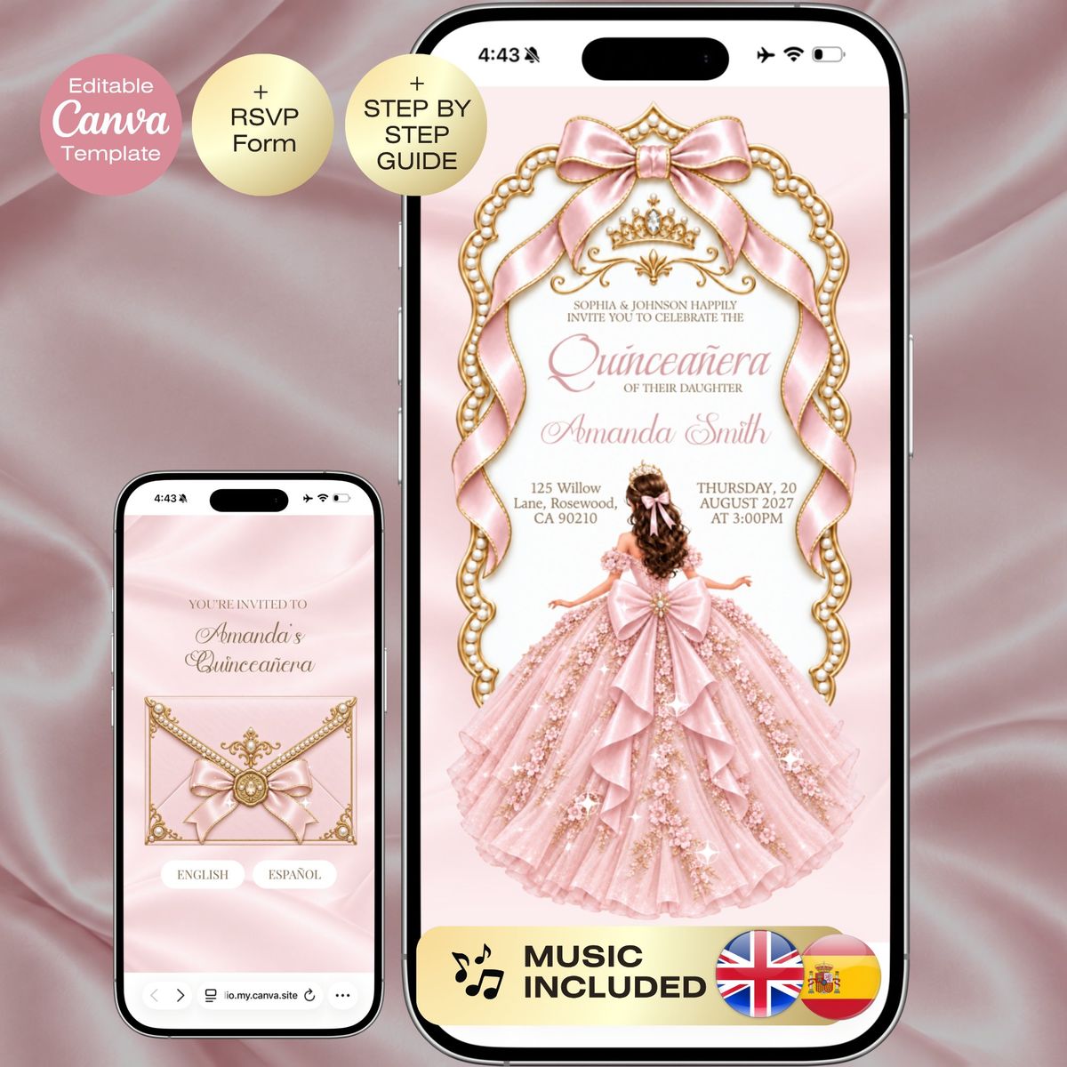 Blush Pink Quinceañera Invitation with RSVP | Sweet 16 Website RSVP & Countdown, 15th Birthday English Spanish Pink Gold Royal Mis 15 anos