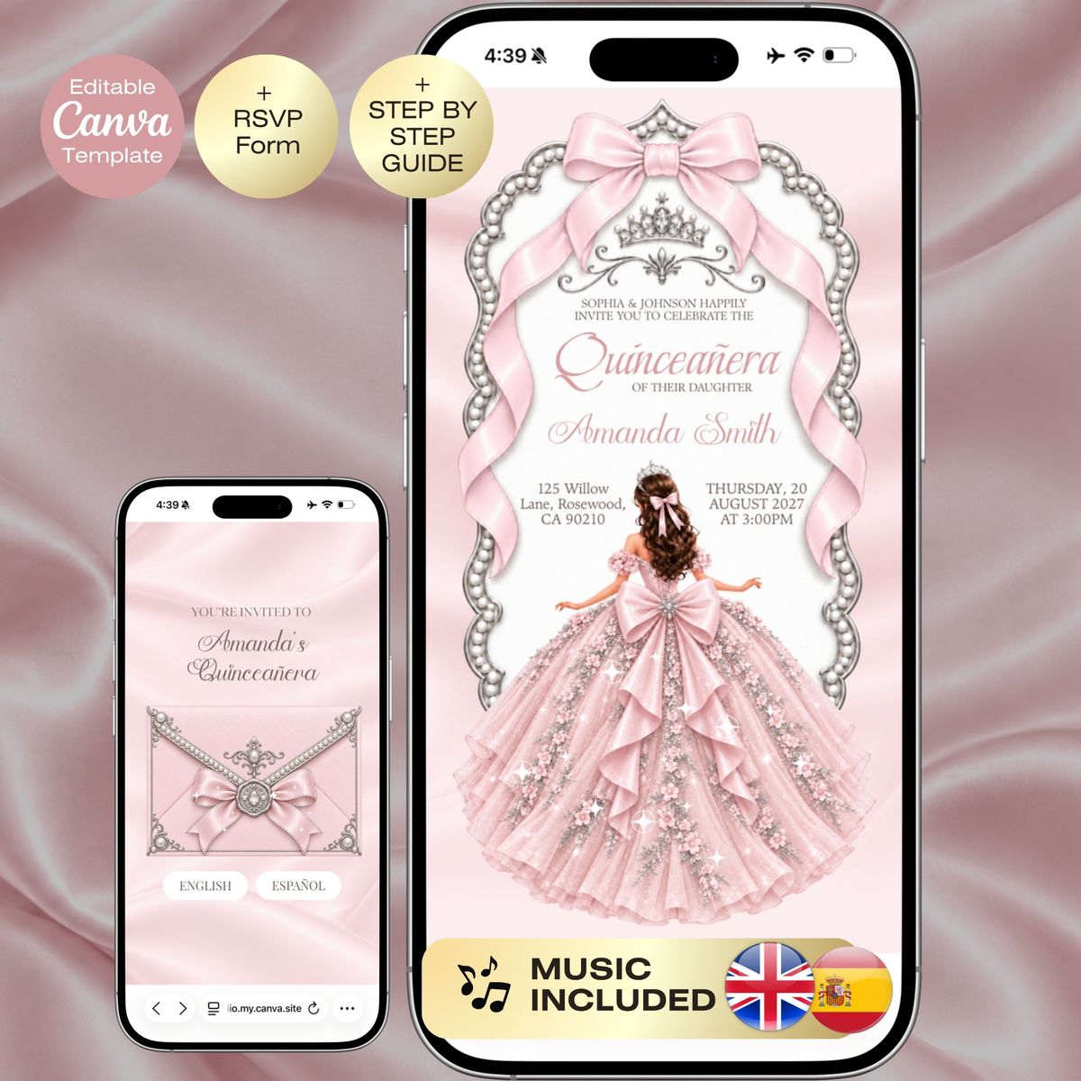 Blush Pink Quinceañera Invitation with RSVP | Sweet 16 Website RSVP & Countdown, 15th Birthday English Spanish Pink Silver Royal Mis 15 anos