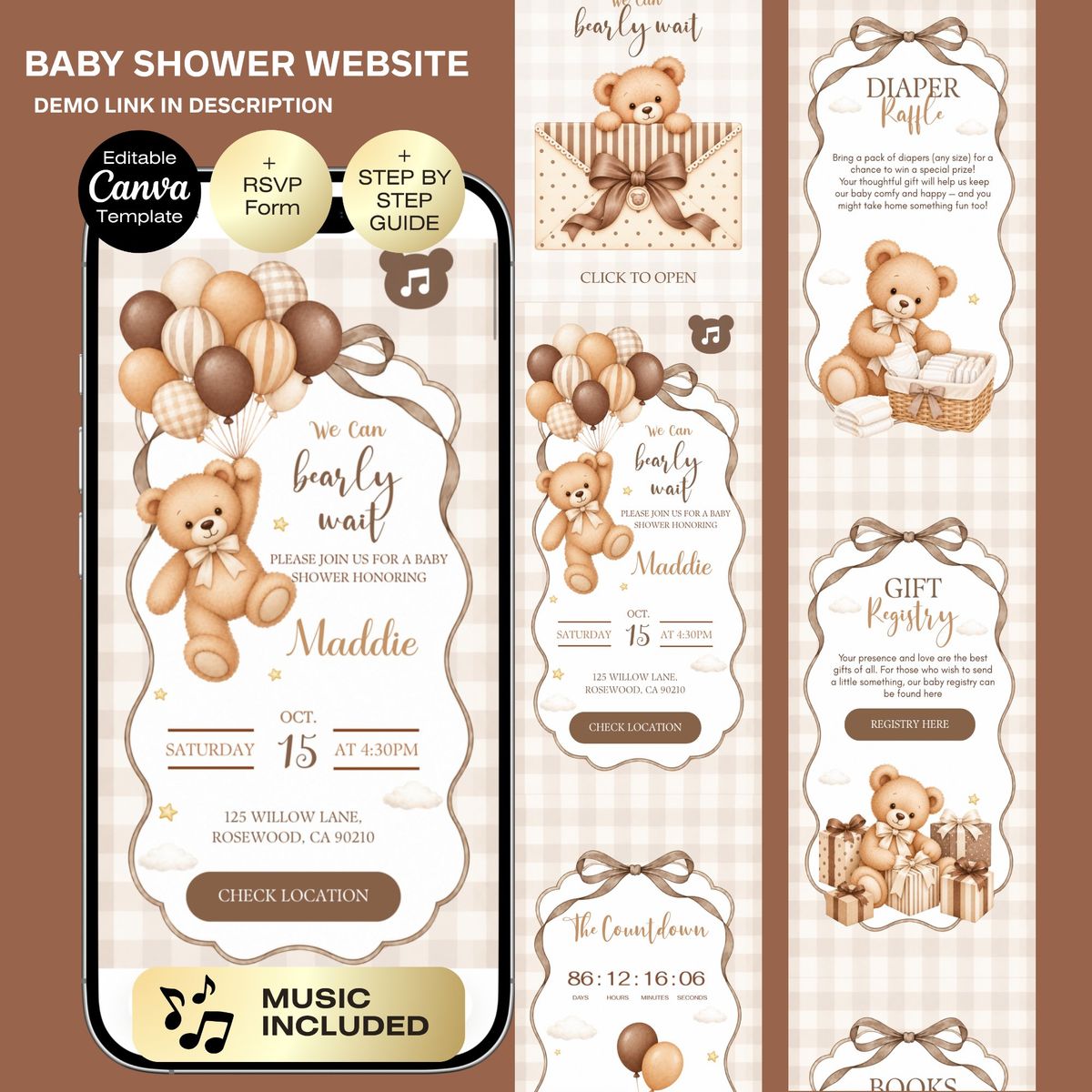 Brown We Can Bearly Wait Baby Shower Website Invitation | Teddy Bear Baby Shower Invite Template | Editable Canva Invitation with RSVP
