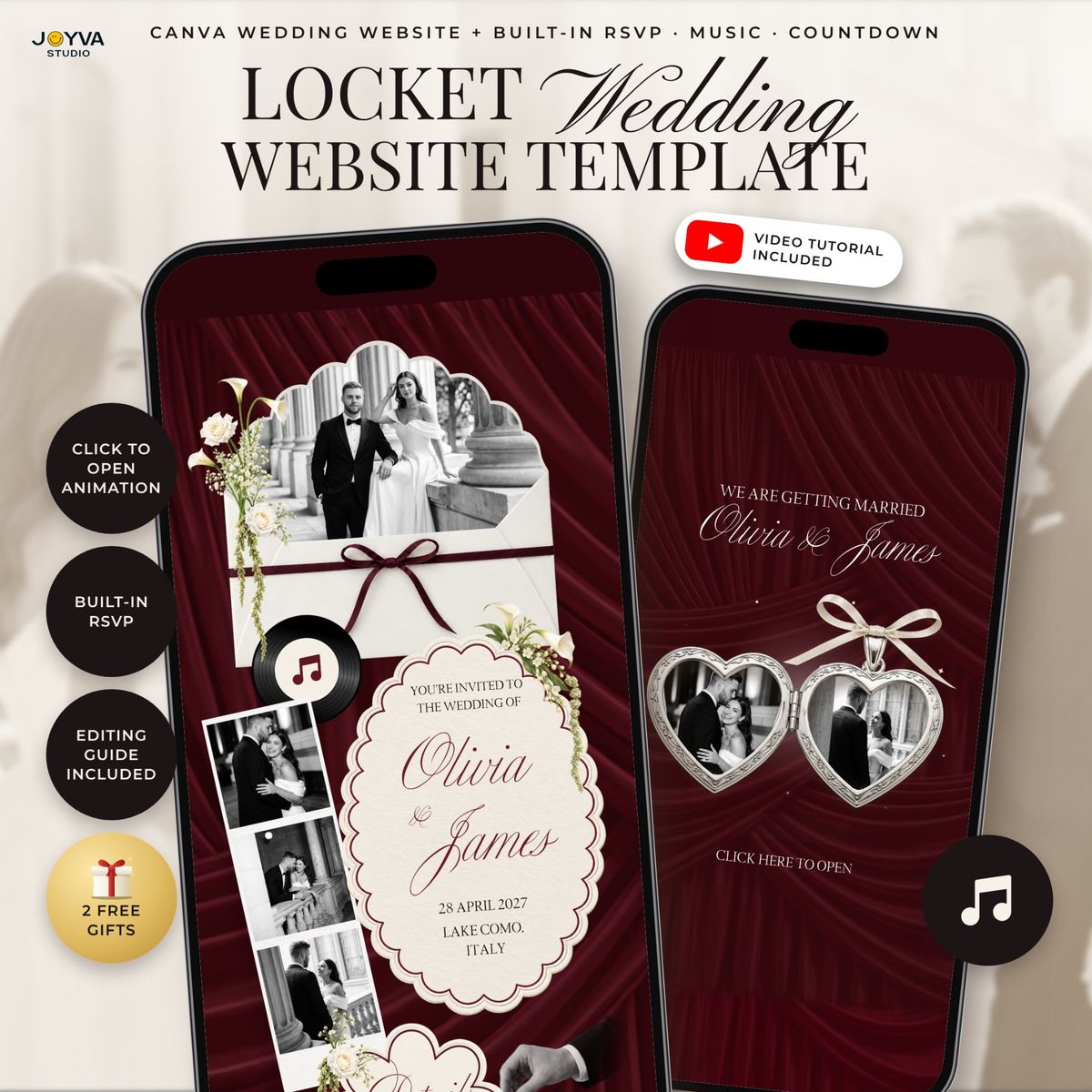 Burgundy Wedding Website Template with RSVP, Wine Red Canva Wedding Invitation Website with Music, Countdown and Photo Locket, Fall Evite
