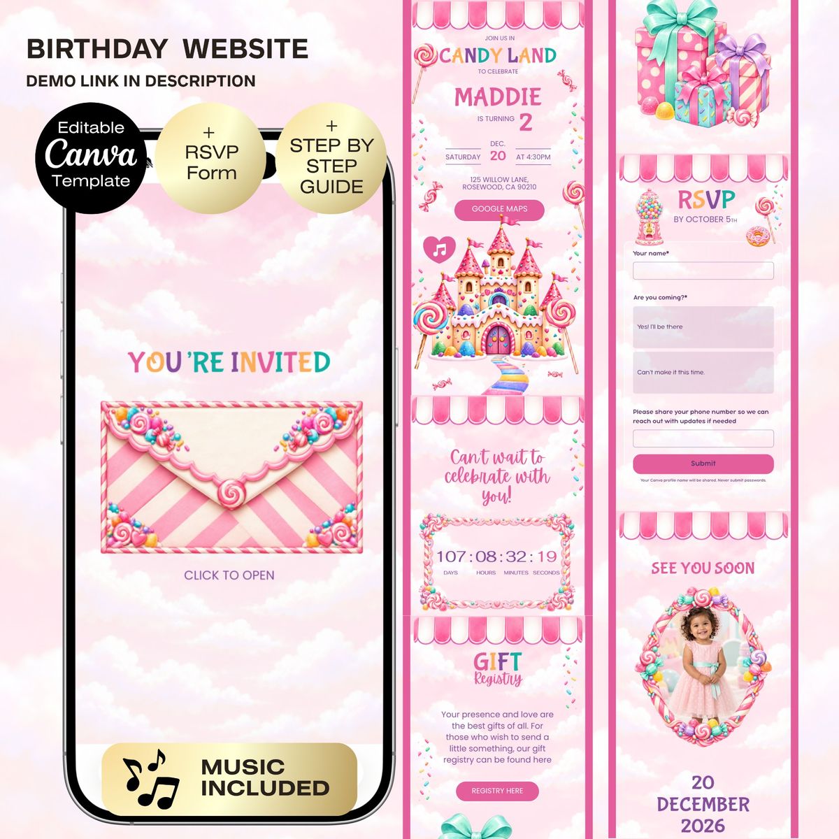 Candyland Birthday Invitation Website | Sweet Candy Themed Party | Editable Canva Template | Kids Birthday Digital Invite | Two Sweet Girl