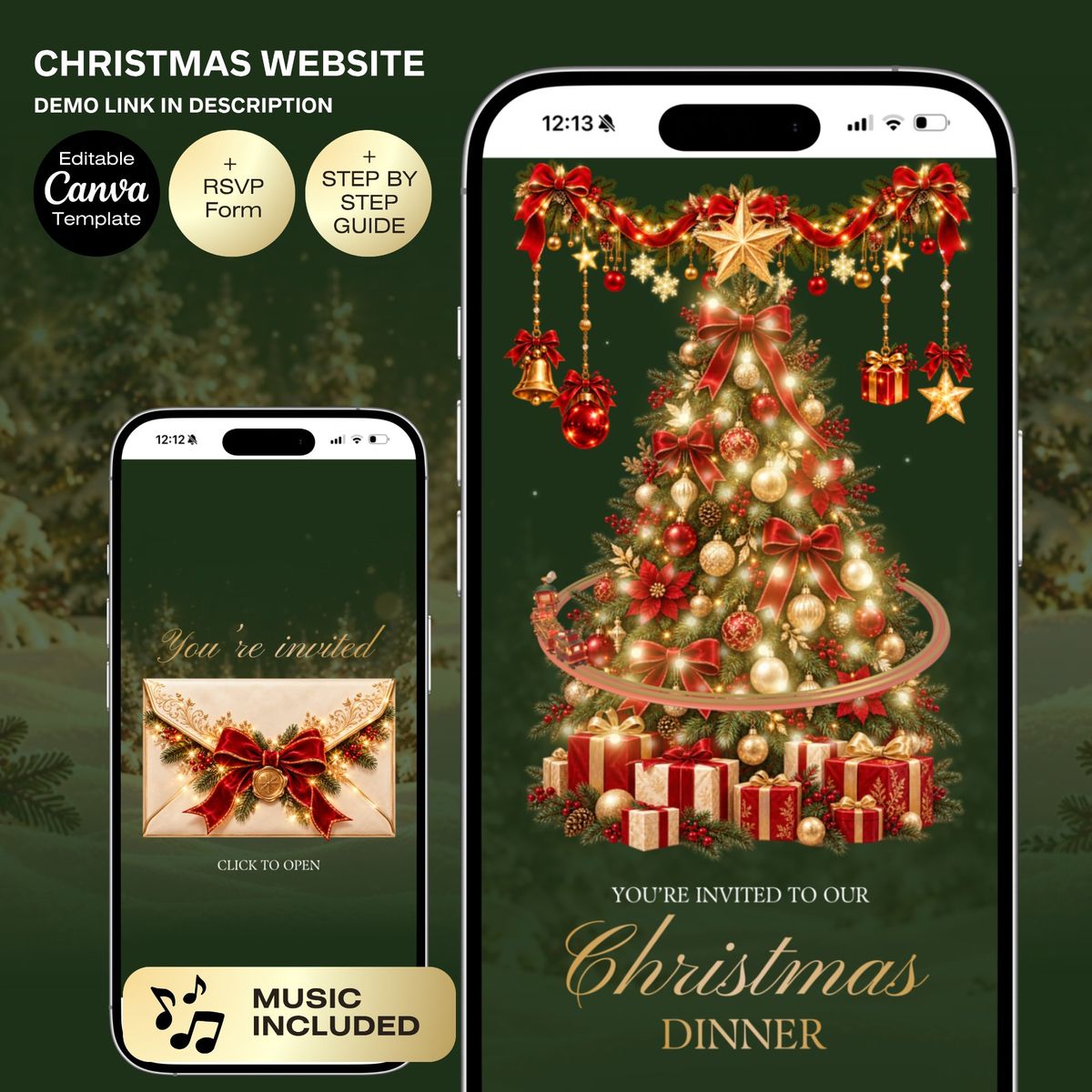 Christmas Dinner Party Website Invitation | Animated Canva Template | Family & Office Holiday Party with RSVP, Music, Photo Red Gold Bows