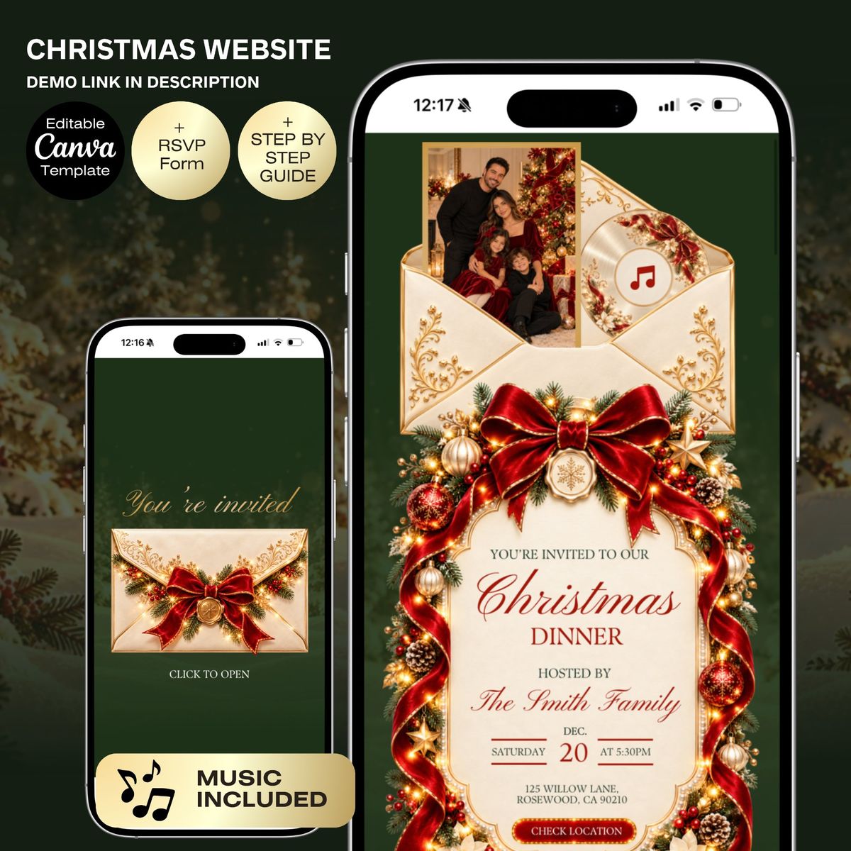 Christmas Dinner Party Website Invitation | Animated Canva Template | Family & Office Holiday Party with RSVP, Music, Photo Red Gold Bows