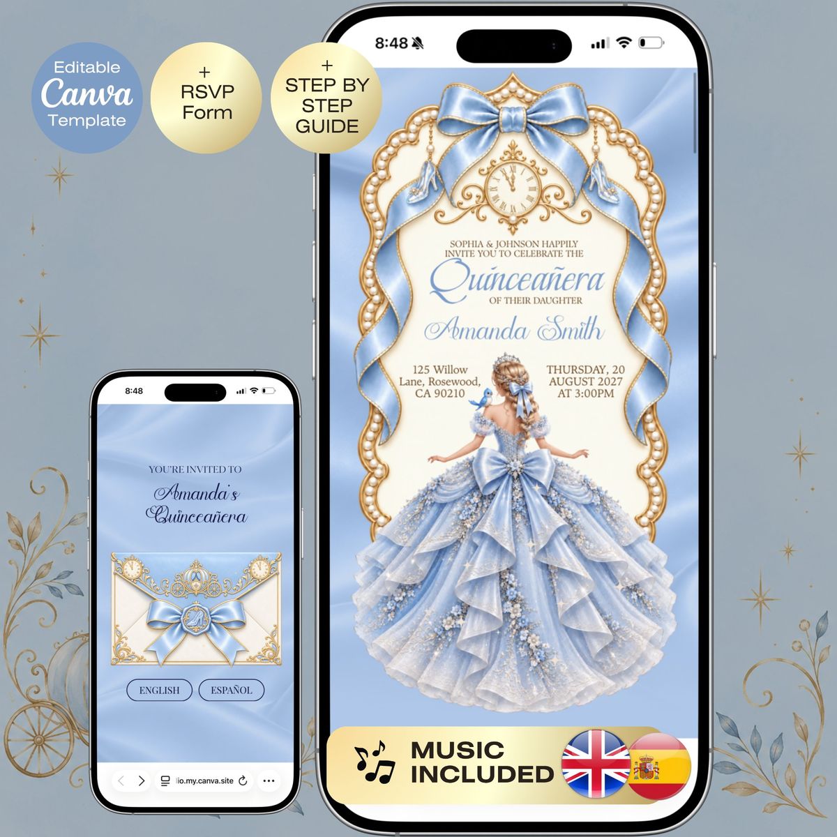 Cinderella Quinceañera Invitation with RSVP | Princess Sweet 16 Website Editable Trackable RSVP & Countdown Light blue Gold English Spanish