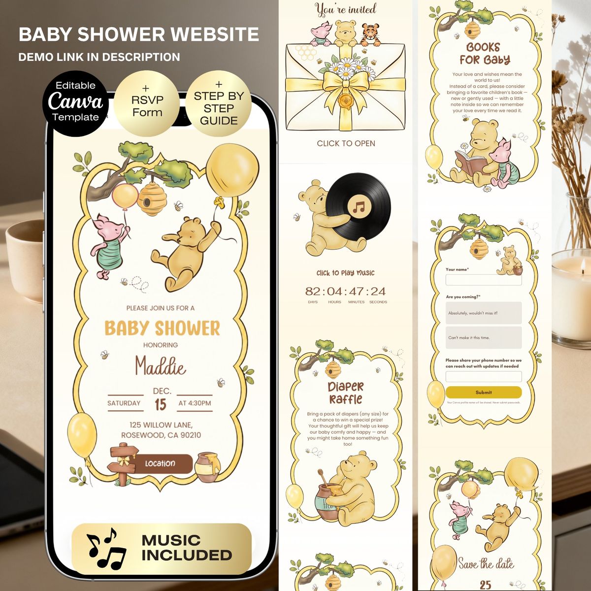Classic Winnie Pooh Baby Shower Invitation Website with RSVP | Yellow Baby Shower | Baby Shower Invitation Theme | Digital Download