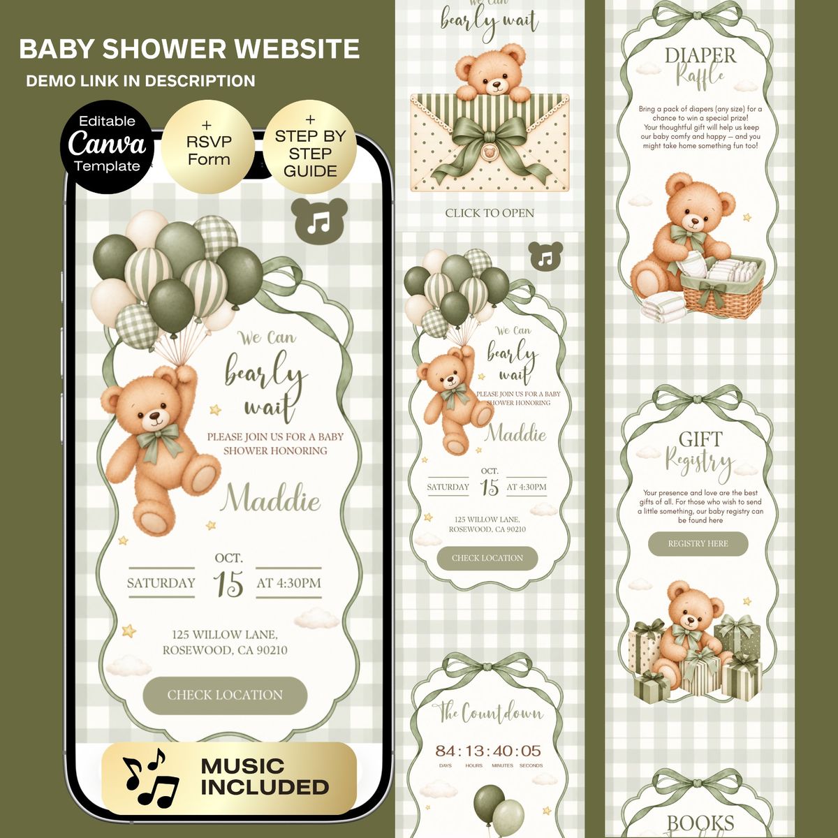 Green We Can Bearly Wait Baby Shower Website Invitation | Teddy Bear Baby Shower Invite Template | Editable Canva Invitation with RSVP