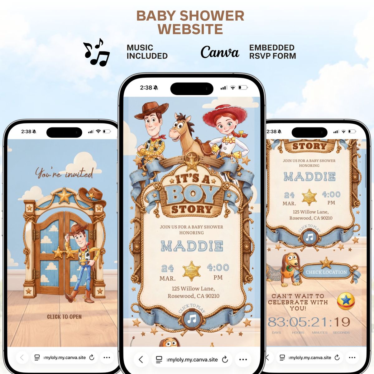 It's a Boy Story Baby shower Invitation website with music and RSVP | Toy Story Baby Shower invitation | Digital Editable Birthday template
