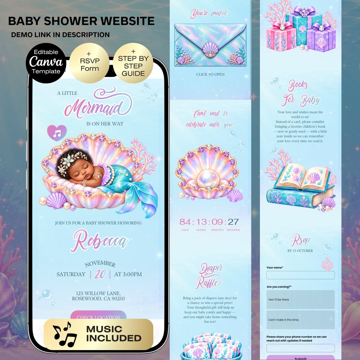 Little Mermaid Is on the Way Baby Shower Invitation Website | Sea You Soon Theme | Editable Canva Template | Digital Under the Sea Gathering