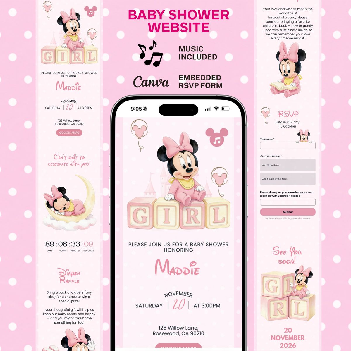 Minnie Mouse Baby Shower Website | Girl Baby Shower Website | Pink Baby Shower Website | Digital Baby Shower Invitation
