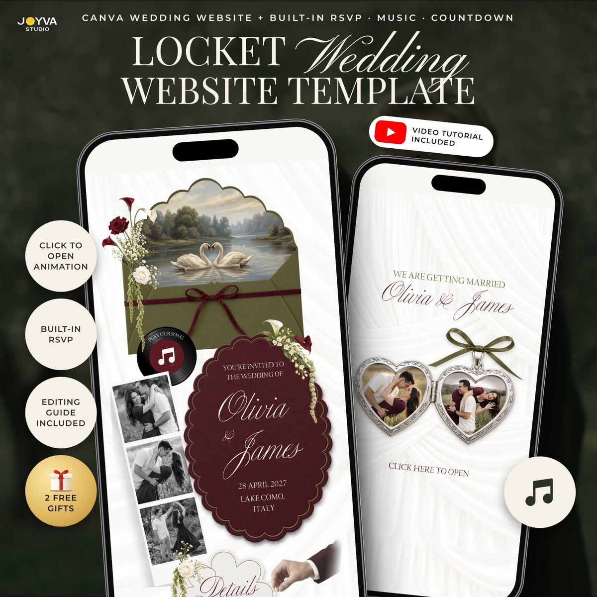 Olive Green Burgundy Wedding Website with RSVP, Swan Canva Wedding Invitation Website Template, Music, Countdown and Locket, Garden Evite