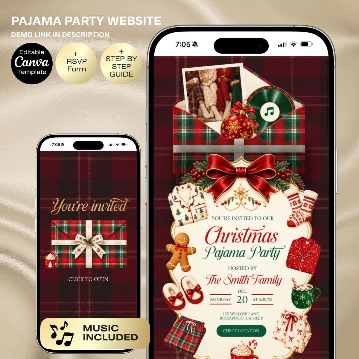 Pajama Party Invitation Website | Editable Canva Template with Music, RSVP Form & Countdown | Christmas Party Seasonal Digital Holiday Party