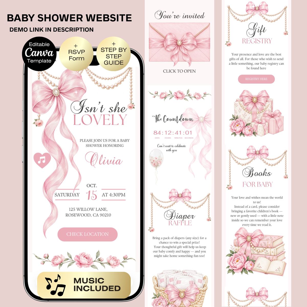 Pink Bow Baby Shower Website Invitation | Isn't She Lovely Pearl Princess Theme | Editable Canva Template for Baby Girl and Online RSVP Form