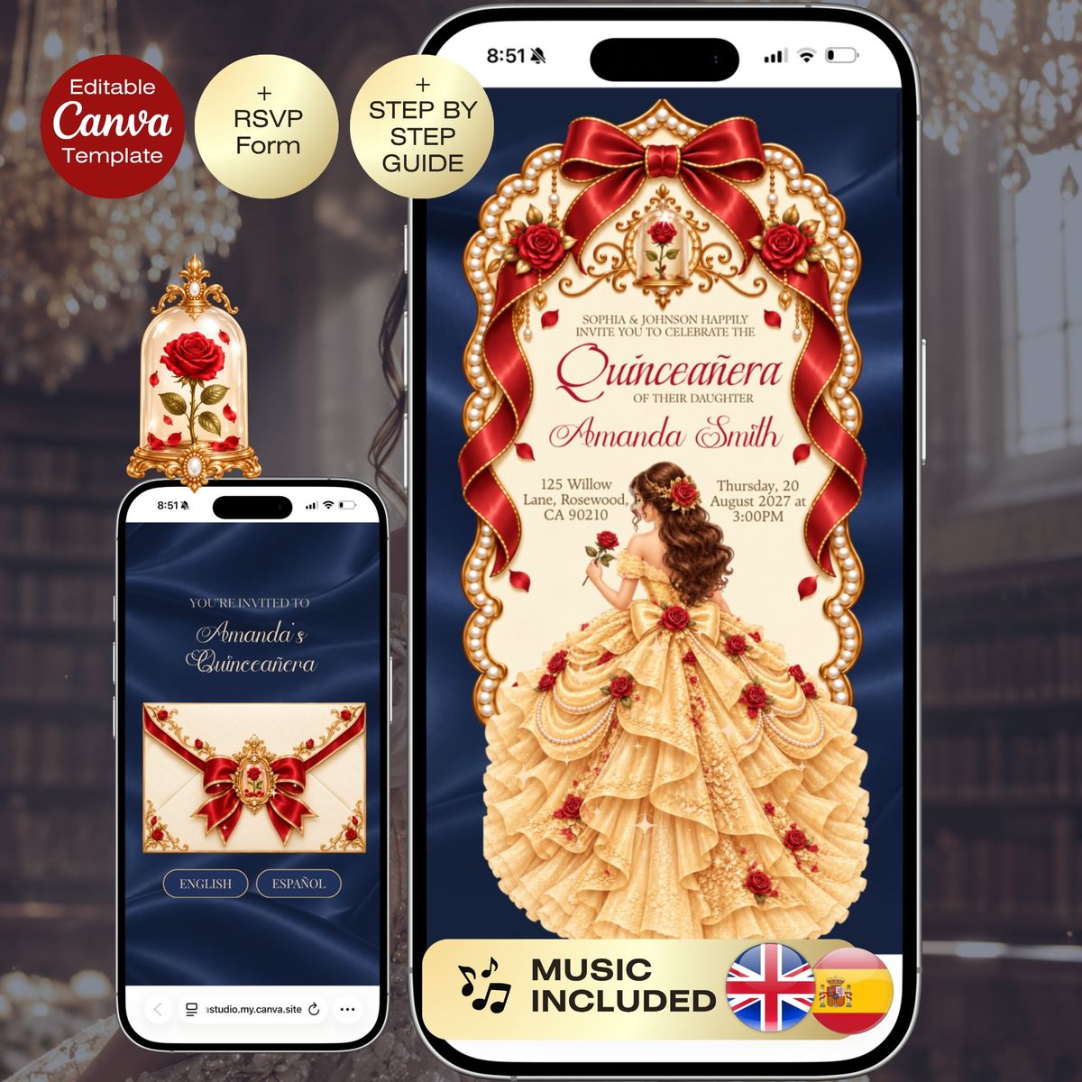 Quinceañera Beauty and The beast Invitation with RSVP | Belle Sweet 16 Website Editable Trackable RSVP Countdown Yellow Gold English Spanish
