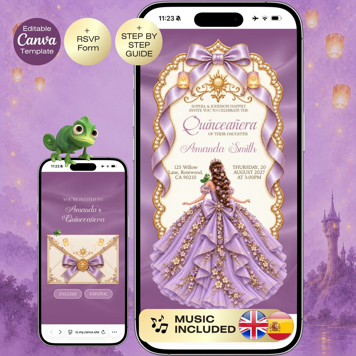 Quinceañera Rapunzel Invitation with RSVP | Tangled Sweet 16 Website Editable Trackable RSVP & Countdown Purple Gold English Spanish