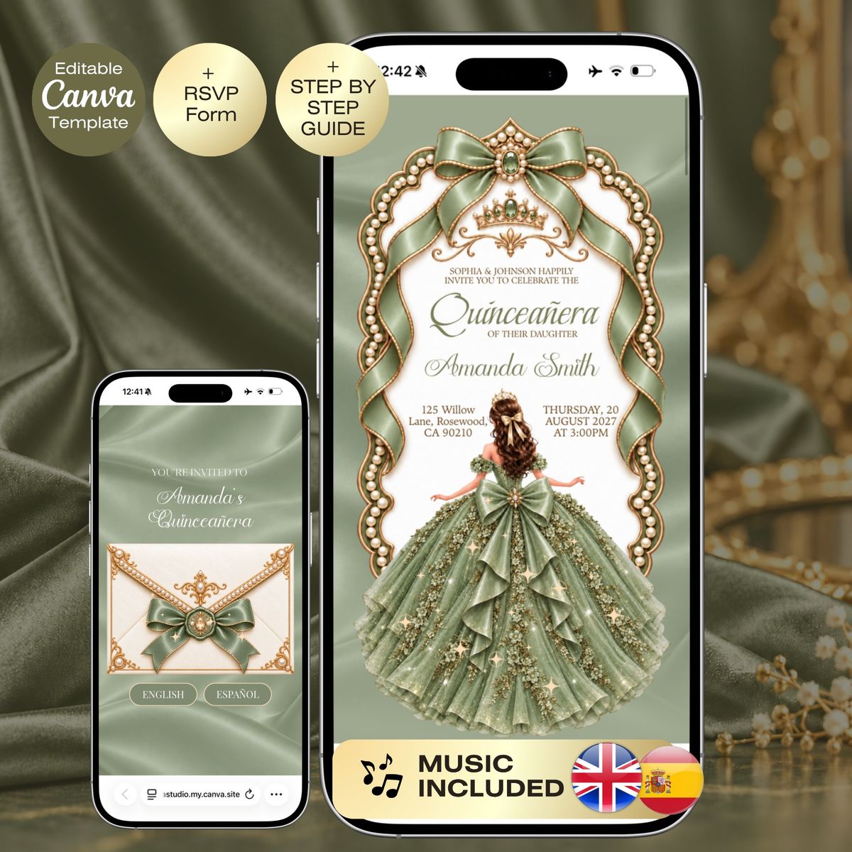 Sage green Quinceañera Invitation with RSVP | Sweet 16 Website RSVP & Countdown, 15th Birthday English Spanish Green Gold Royal Mis 15 anos