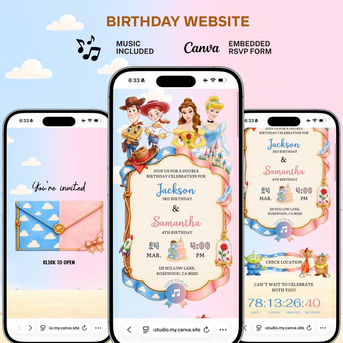 Toy Story and Princess Double Birthday Website Template, Canva Digital Invitation, Kids Birthday Website with Music and RSVP