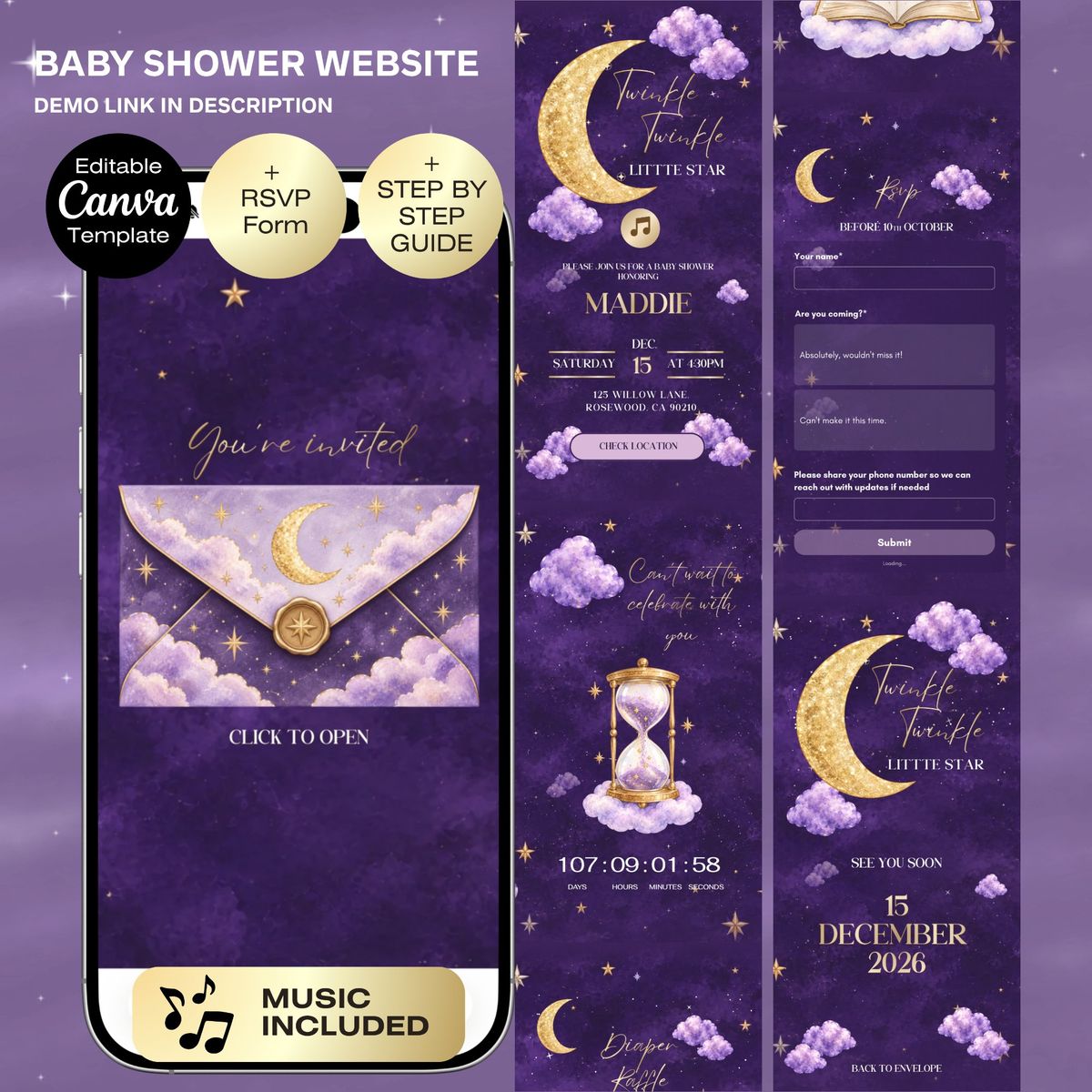 Twinkle Twinkle Little Star Baby Shower Website | Over the Moon Gender Neutral Canva Invitation | Purple Gold Celestial Theme | RSVP & Music