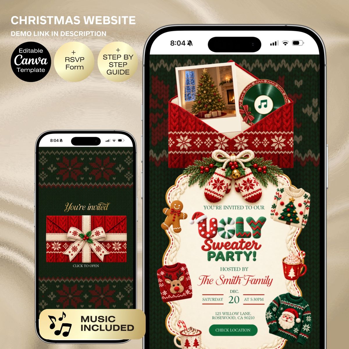 Ugly Sweater Christmas Party Invitation Website | Editable Canva Template with Music, RSVP Form & Countdown | Seasonal Digital Holiday Party