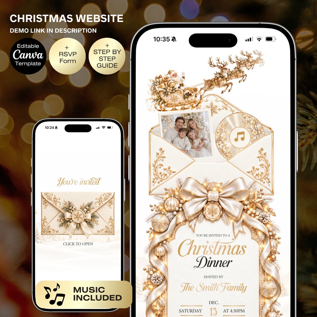 White and Gold Christmas Dinner Invitation Website | Animated Envelope | Family Photo | Editable Canva Holiday Template | Digital Party RSVP