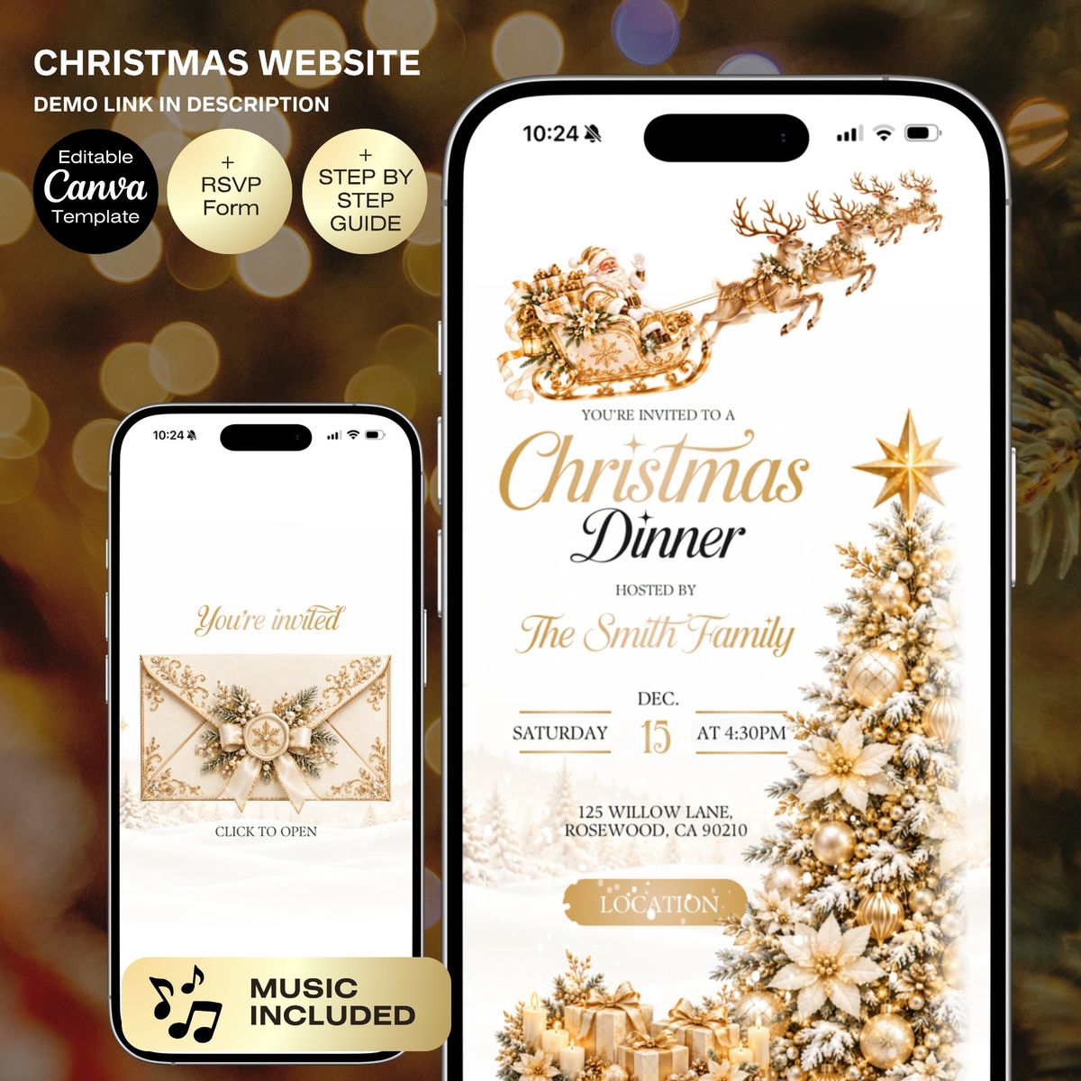 White and Gold Christmas Dinner Invitation Website | Animated Envelope | Animated Christmas | Canva Holiday Template | Christmas Party RSVP