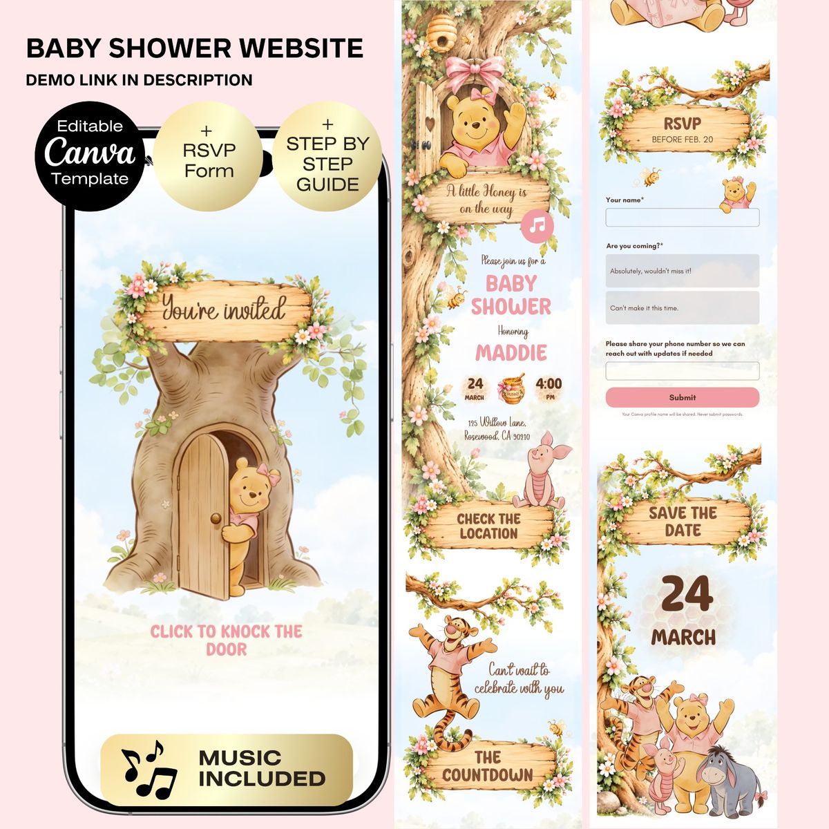 Winnie Pooh Baby Shower Invitation Website with RSVP | Girl Baby Shower | Baby Shower Invitation Theme | Digital Download | Bear Baby shower