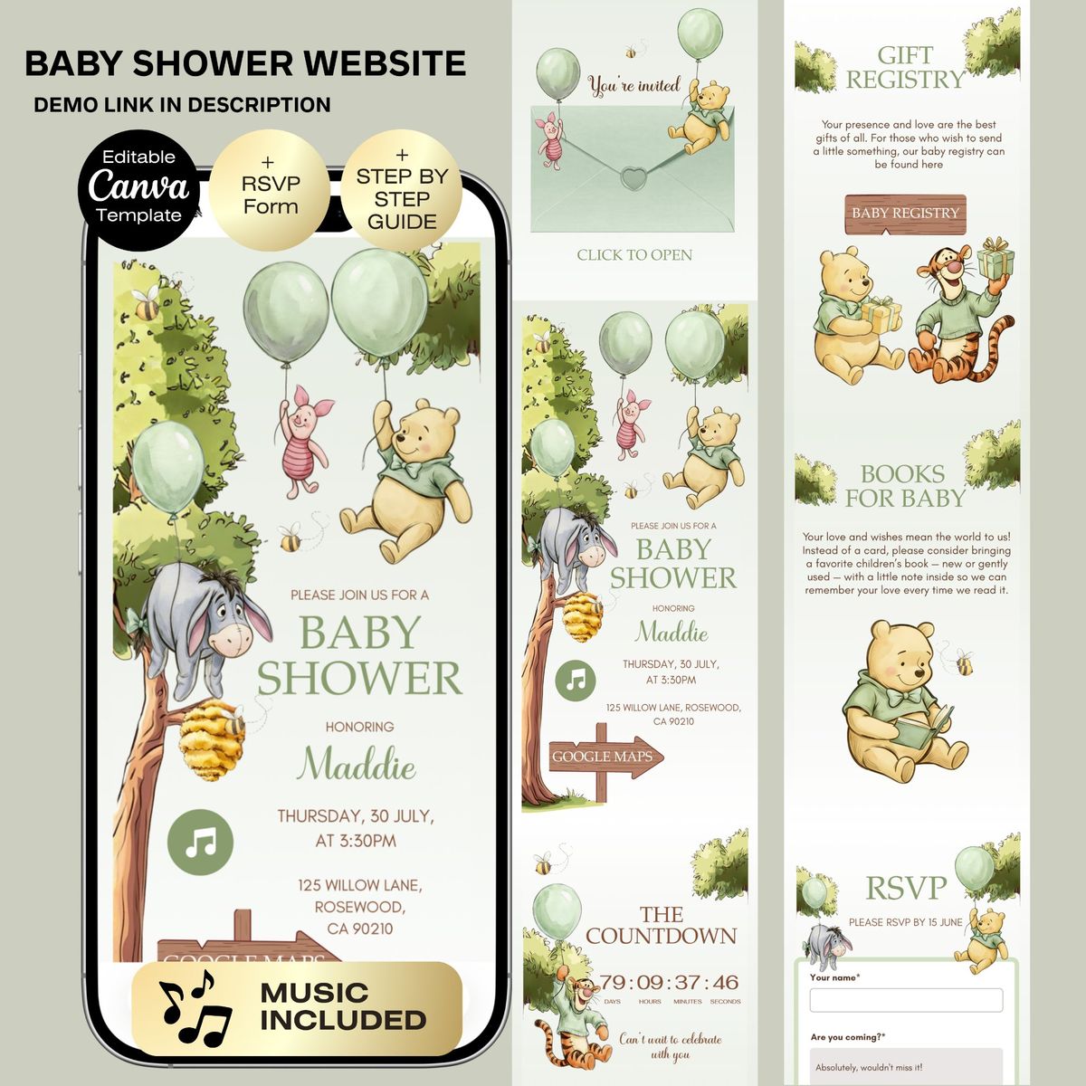 Winnie Pooh Baby Shower Invitation Website with RSVP | Gender neutral Baby Shower | Baby Shower Invitation Theme | Green Bear Baby shower
