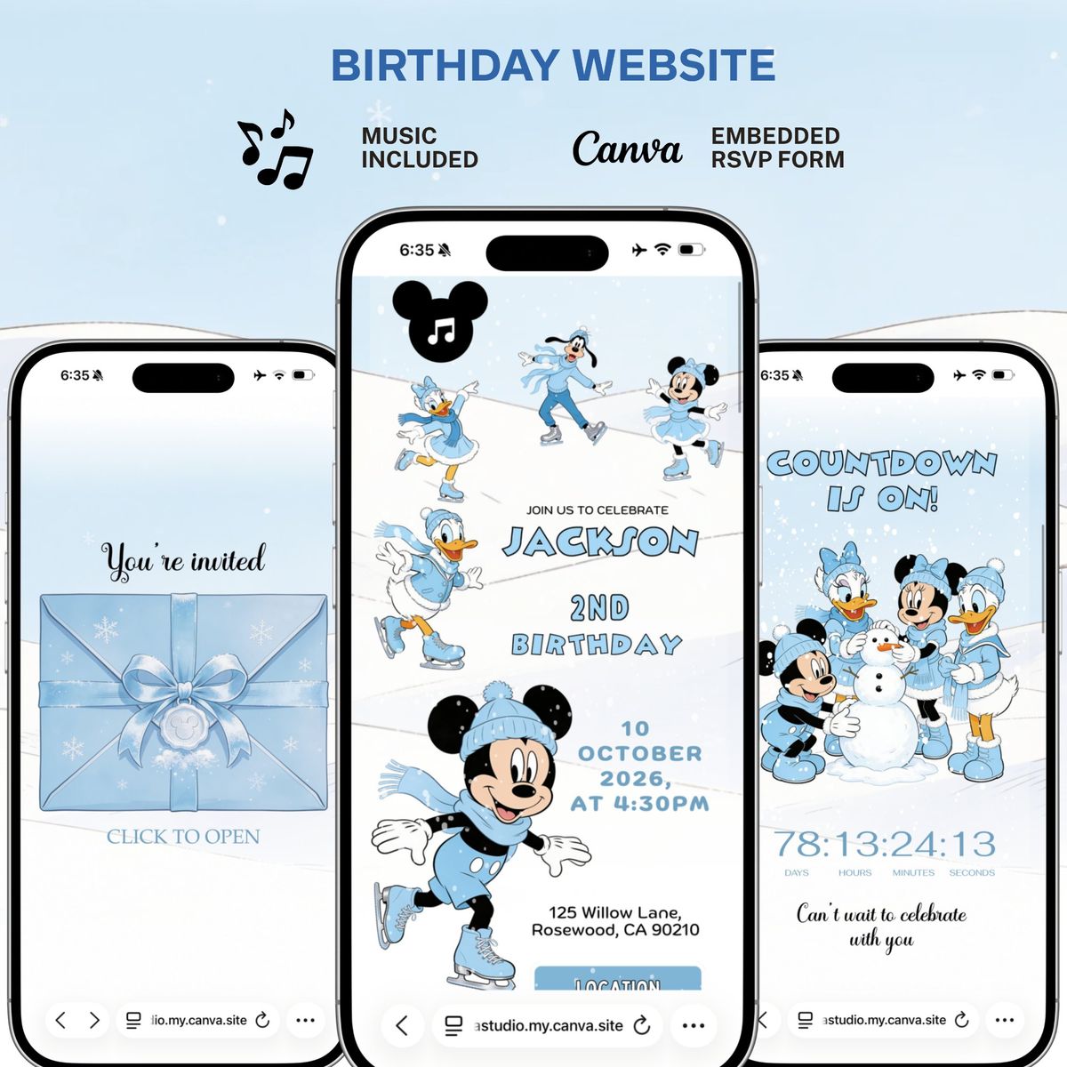 Winter Mickey Birthday Website | Ice Skating Birthday Party Website | Winter Birthday Website | Digital Birthday website with Music & RSVP